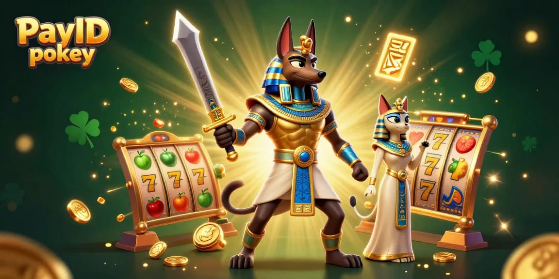 Engage with PayID pokies featuring Anubis and Bastet amidst vibrant slots and golden coins.