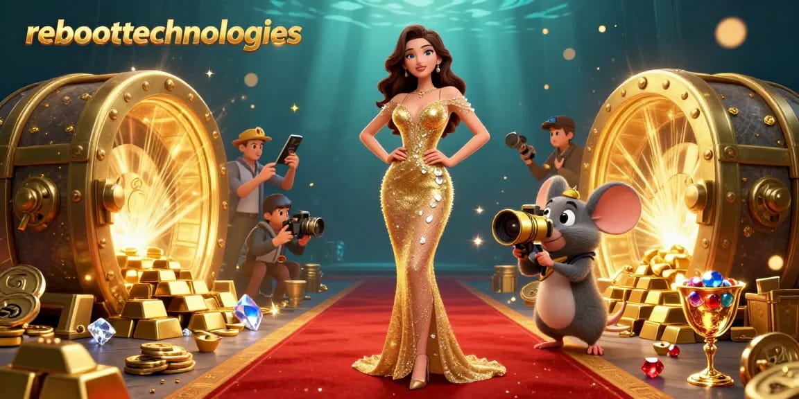 Engage players with reboottechnologies in a vibrant 3D casino scene overflowing with gold, jewels, and gaming excitement.
