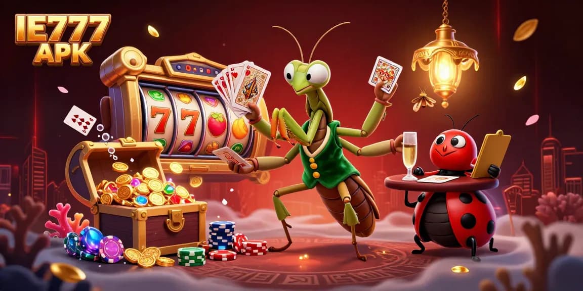 Engage with excitement in the IE777 APK realm, where a giant praying mantis card sharp deals cards amidst casino slots and treasures.