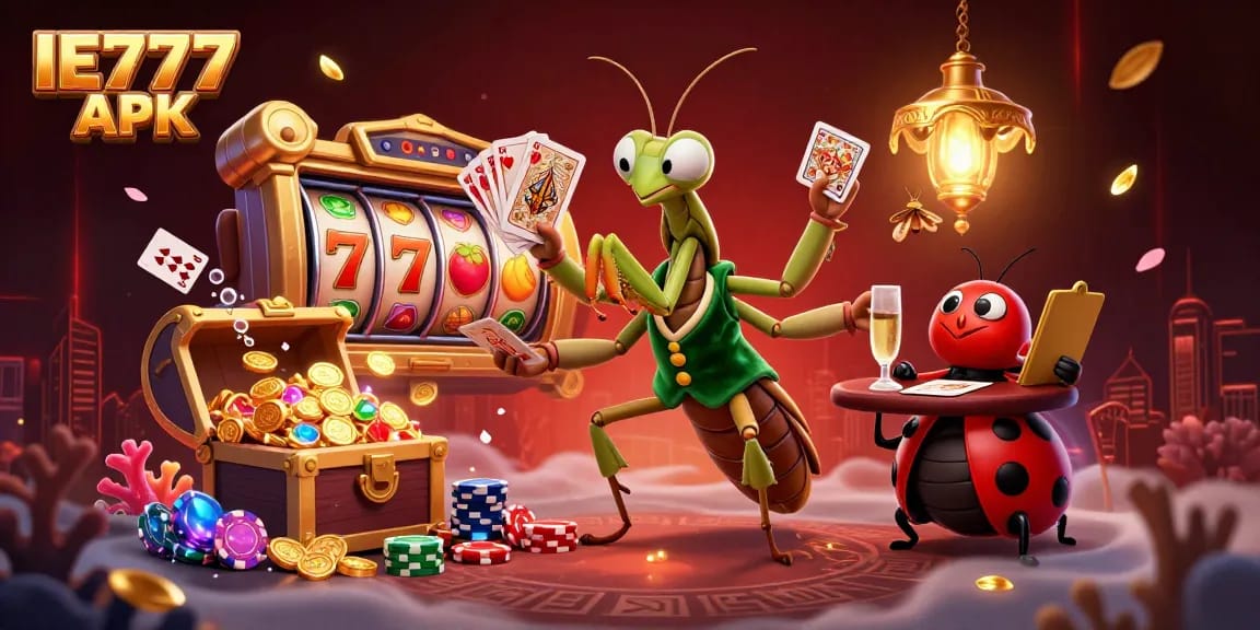 Engage with excitement in the IE777 APK realm, where a giant praying mantis card sharp deals cards amidst casino slots and treasures.
