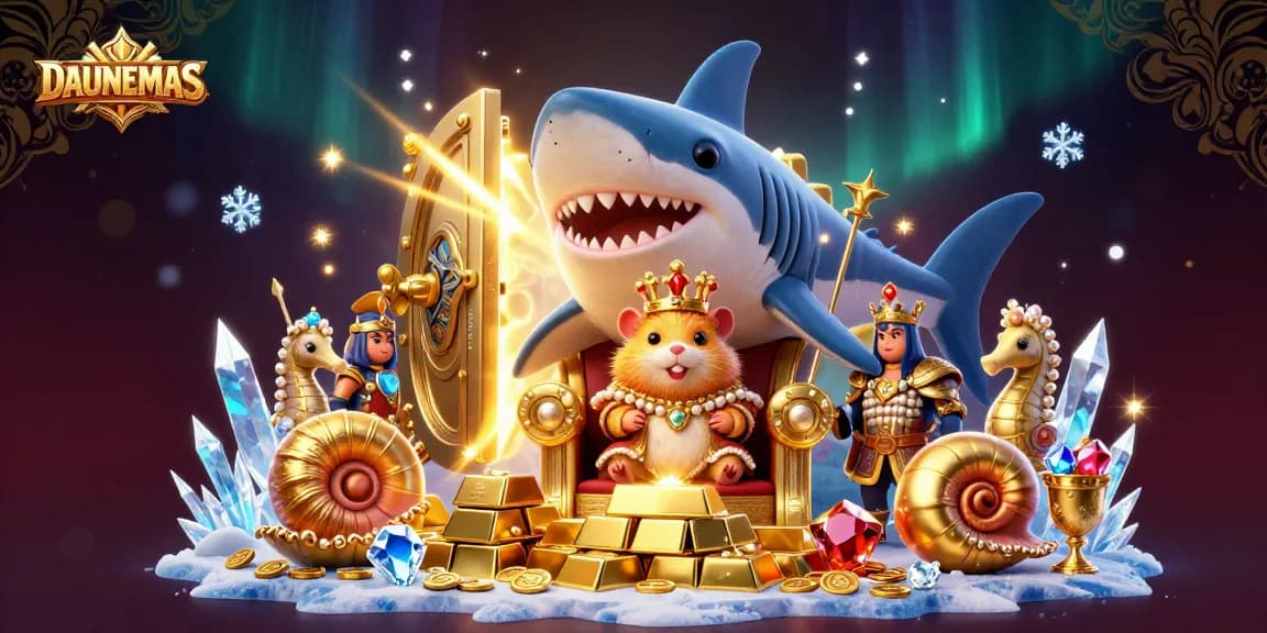 Engage with DAUNEMAS: A royal hamster king adorned with treasures and surrounded by sparkling gems in a vivid casino adventure scene.