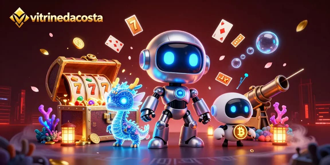 Experience thrilling slots with vitrinedacosta featuring 3D robot and holographic dragon amidst flying coins.