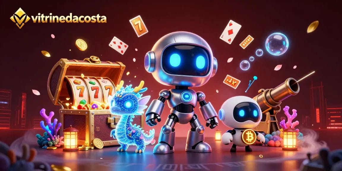 Experience thrilling slots with vitrinedacosta featuring 3D robot and holographic dragon amidst flying coins.