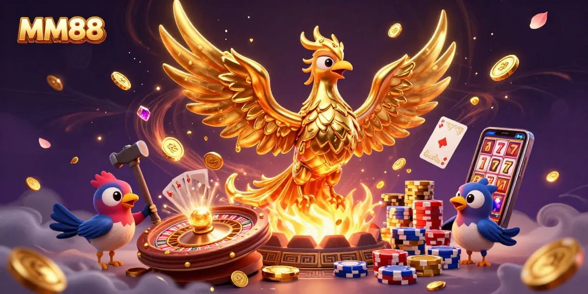 Experience the thrill of MM88 with a dynamic casino scene featuring a molten gold phoenix.