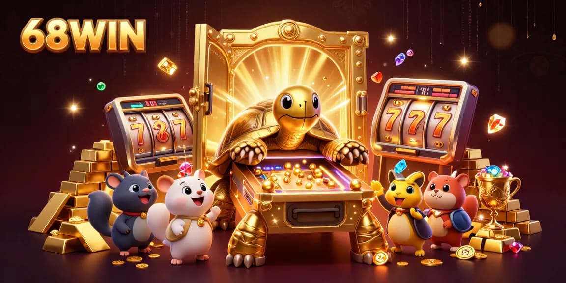 Experience 68WIN's thrilling slots action in a vivid casino atmosphere as joyful characters play.