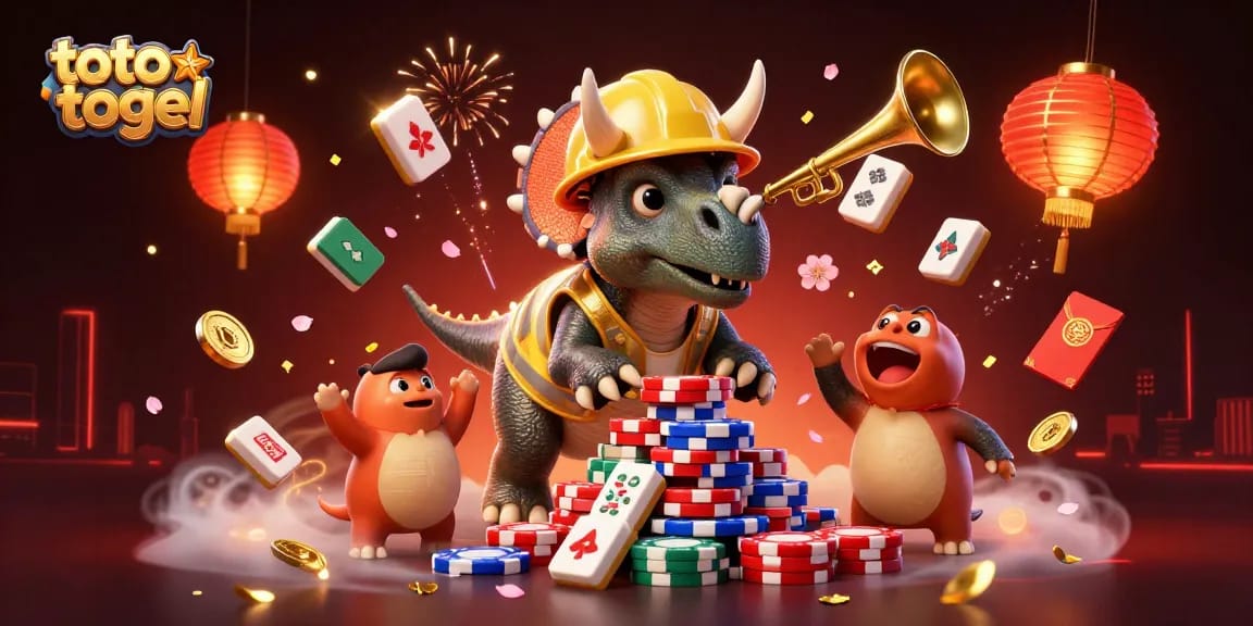 Cheerfully engaging scene of toto togel celebration with triceratops and friends amidst festive casino elements.