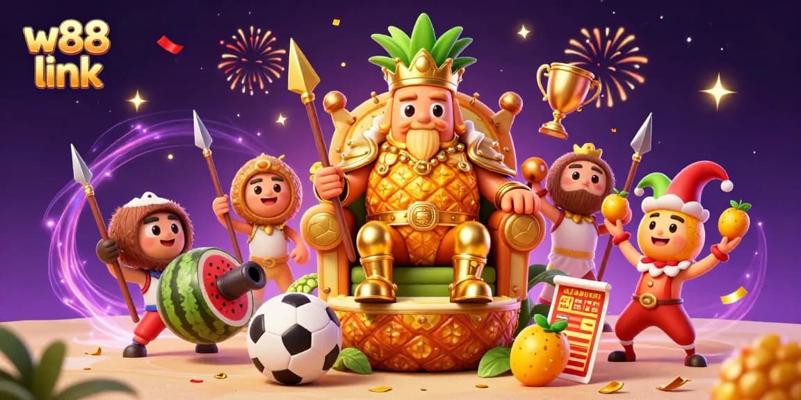 Engage with the vibrant w88 link scene featuring golden elements, lively characters, and sports betting activity.