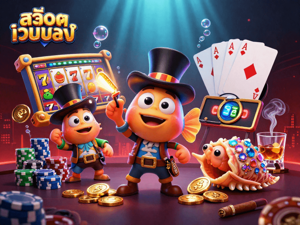 Engage with สล็อตเว็บตรง online slots amidst vibrant characters and rich casino elements.