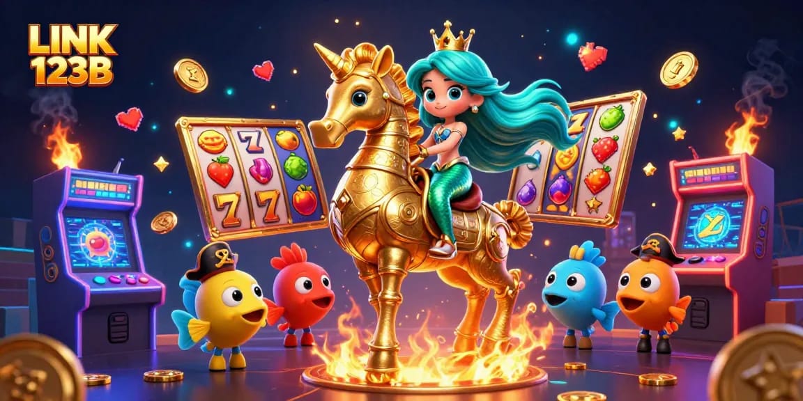 Engage with LINK 123B in a vibrant 3D casino world featuring a mermaid, seahorse, and colorful game elements.