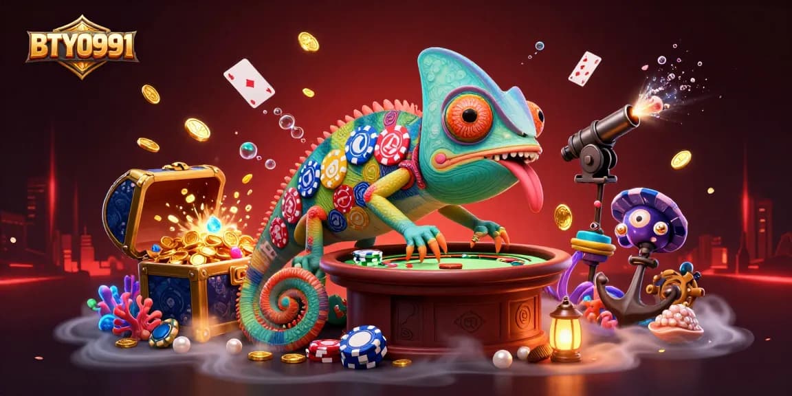 Experience the vibrant world of BTY0991, where a chameleon casino owner captivates players amid dazzling treasures.
