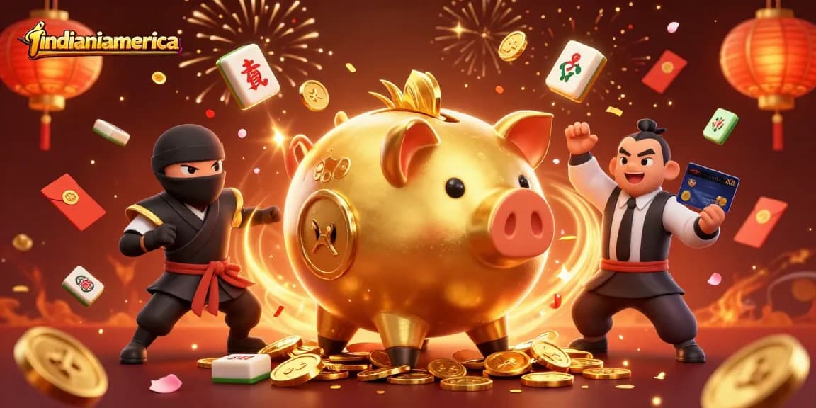Experience winning with indianiamerica as golden piggy bank sumo wrestler stomps coins in a festive casino scene.