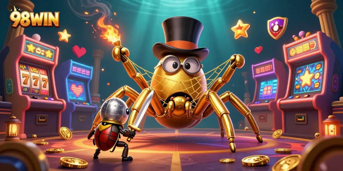 Engage with 98WIN's thrilling casino adventure featuring a golden tarantula, beetle knight, and dynamic gaming elements.