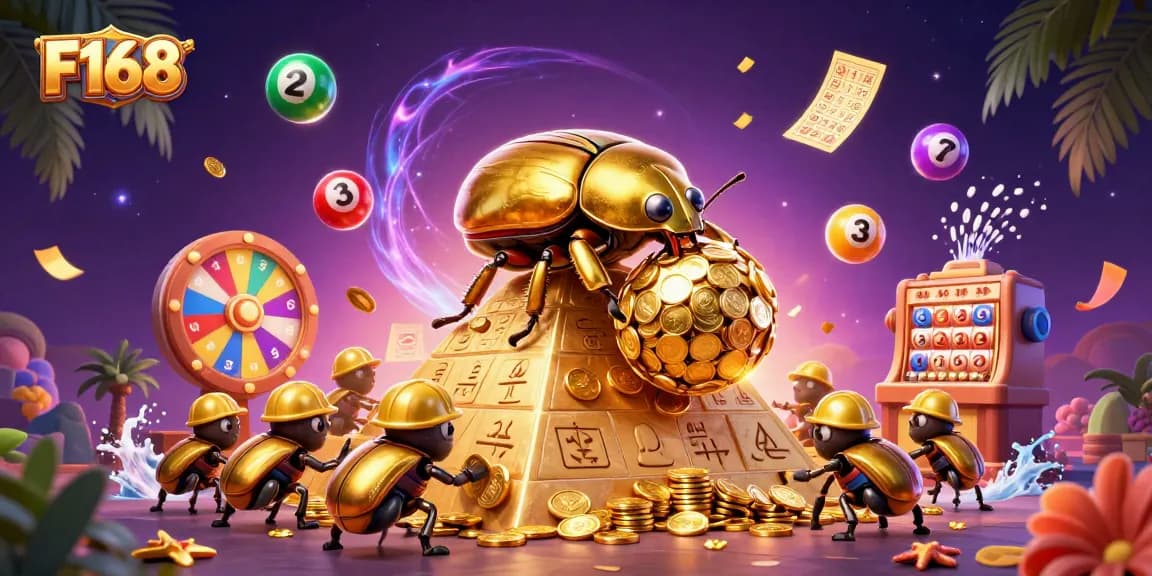 Experience thrilling gameplay at F168 with vibrant casino symbols and golden treasures abounding in a dynamic scene.