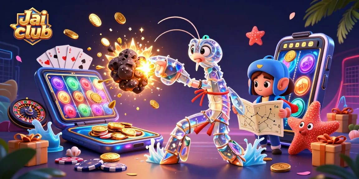 Engage in thrilling slot action at Jai club with vibrant 3D casino illustration of galactic samurai and starfish.