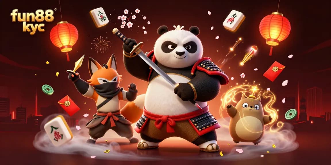 Cá cược tại fun88 kyc với samurai panda và bạn đồng hành ninja trong không gian sống động.