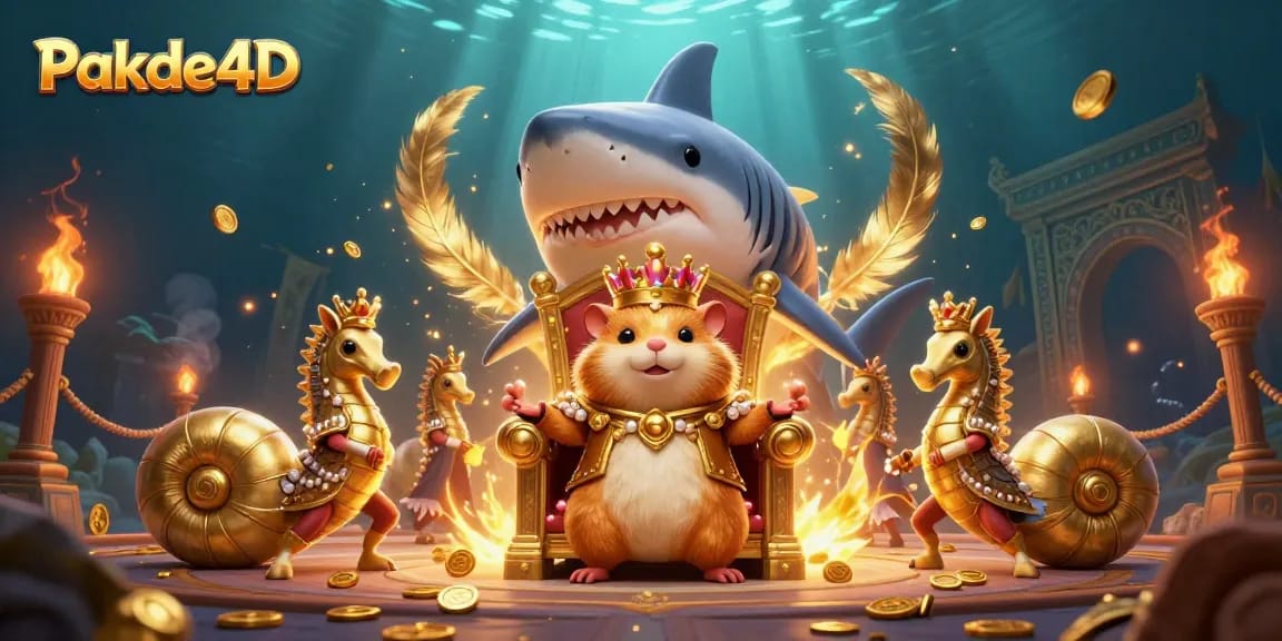 Experience the excitement with Pakde4D's vibrant 3D digital illustration of a golden hamster king in a casino-themed underwater scene.