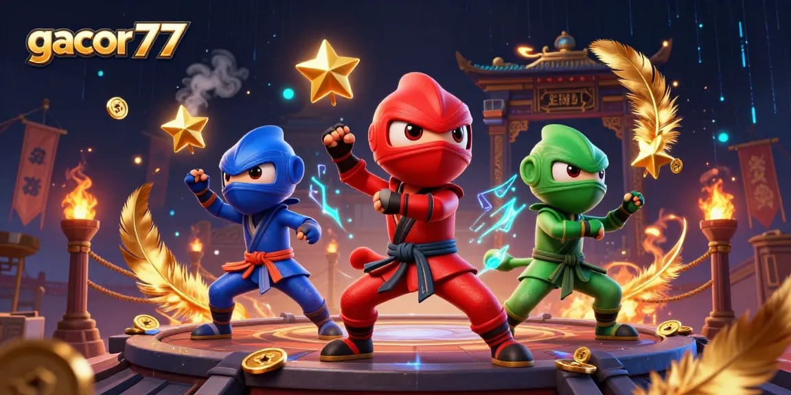 Mainkan permainan seru di gacor77 dengan chameleon ninja dan koin emas yang mengelilinginya.
