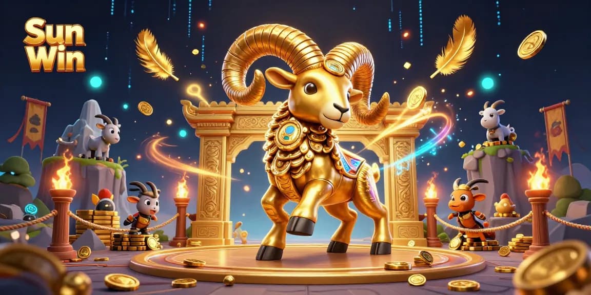 Experience the thrill of Sun Win with a charging golden ram at an exciting gambling arena.