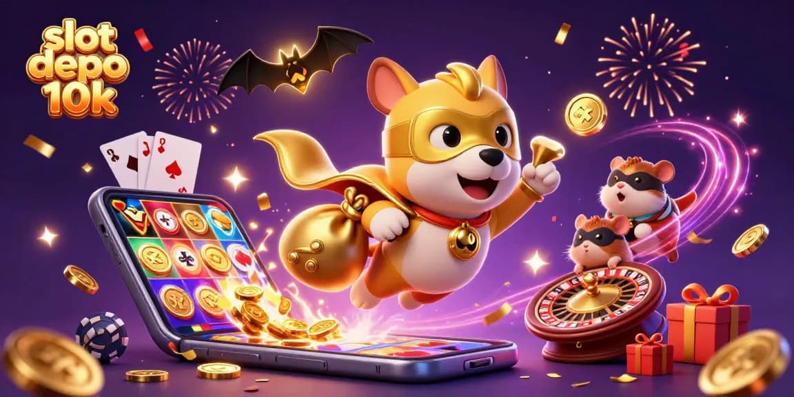 Permainan slot depo 10k dengan superhero dan koin emas, simbol poker chip, dan elemen permainan kasino lainnya