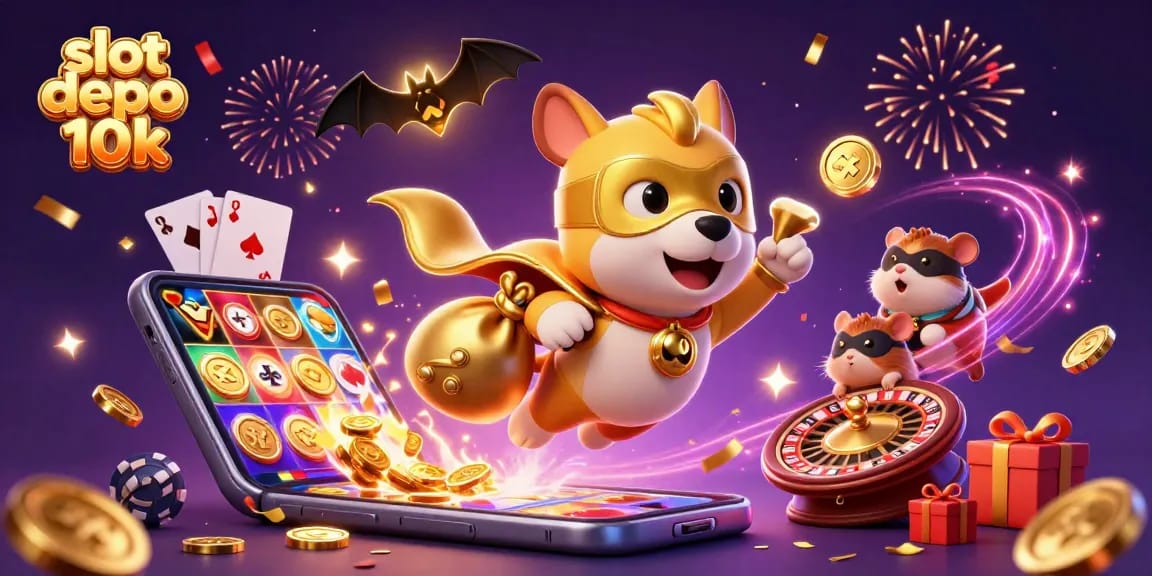 Permainan slot depo 10k dengan superhero dan koin emas, simbol poker chip, dan elemen permainan kasino lainnya