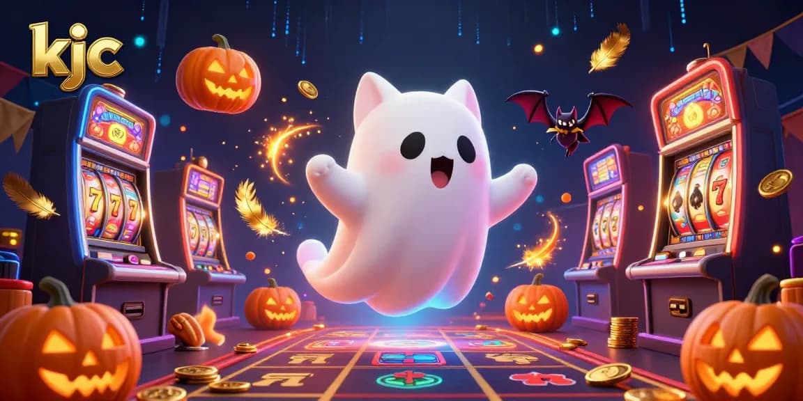 Experience thrilling gaming with kjc: a ghost cat and bat in a lively casino environment.
