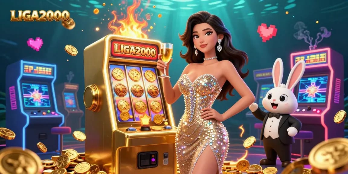 Terlibat dalam momen mendebarkan dengan LIGA2000 di sebuah adegan kasino yang menarik dengan permainan yang cerah dan jackpot emas.
