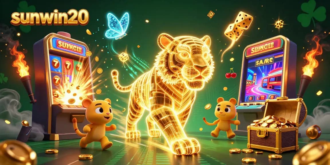 Play exciting casino games at sunwin20, featuring a dynamic digital landscape with vibrant 3D elements.
