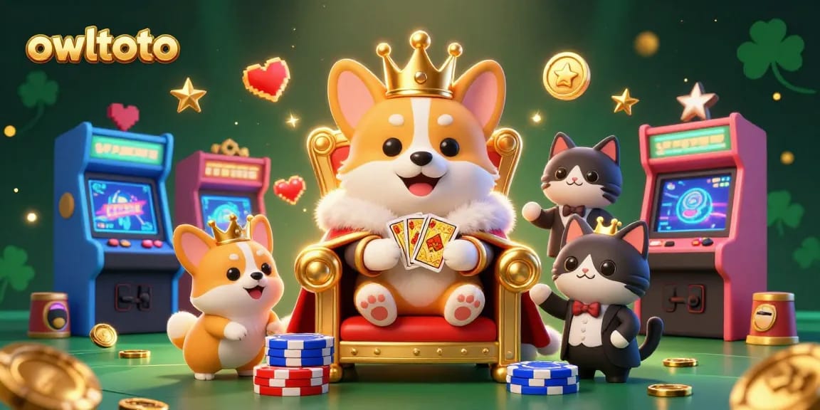 Owltoto casino scene with a royal corgi and playful gaming elements in a vibrant 3D illustration.
