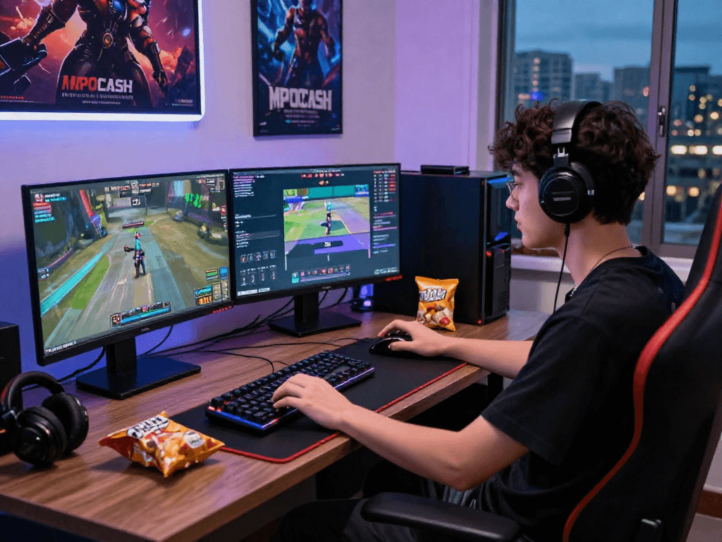 Gamer at stylish desk engaging with multiple game screens, focusing on MPOCASH blog insights in a vibrant gaming environment.