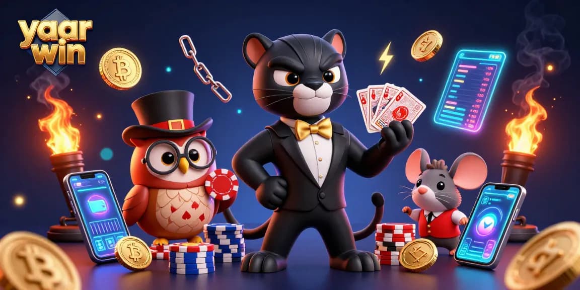 Join the fun at yaar win as a stylish panther deals cards surrounded by crypto coins and playful characters.