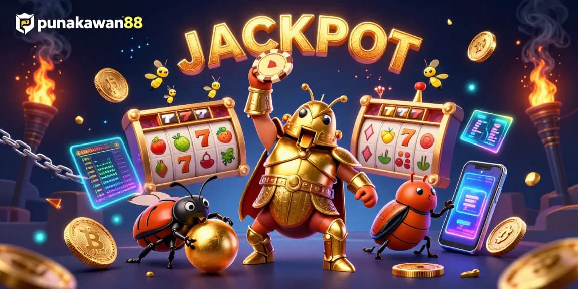 Experience the excitement of punakawan88 with the jackpot scene featuring lottery slots and colorful coins.