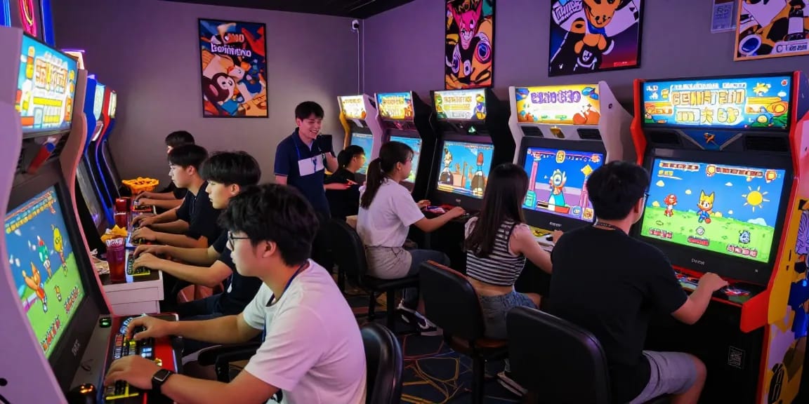 Benihtoto gaming experience in vibrant arcade with enthusiastic players, colorful screens, and lively atmosphere.