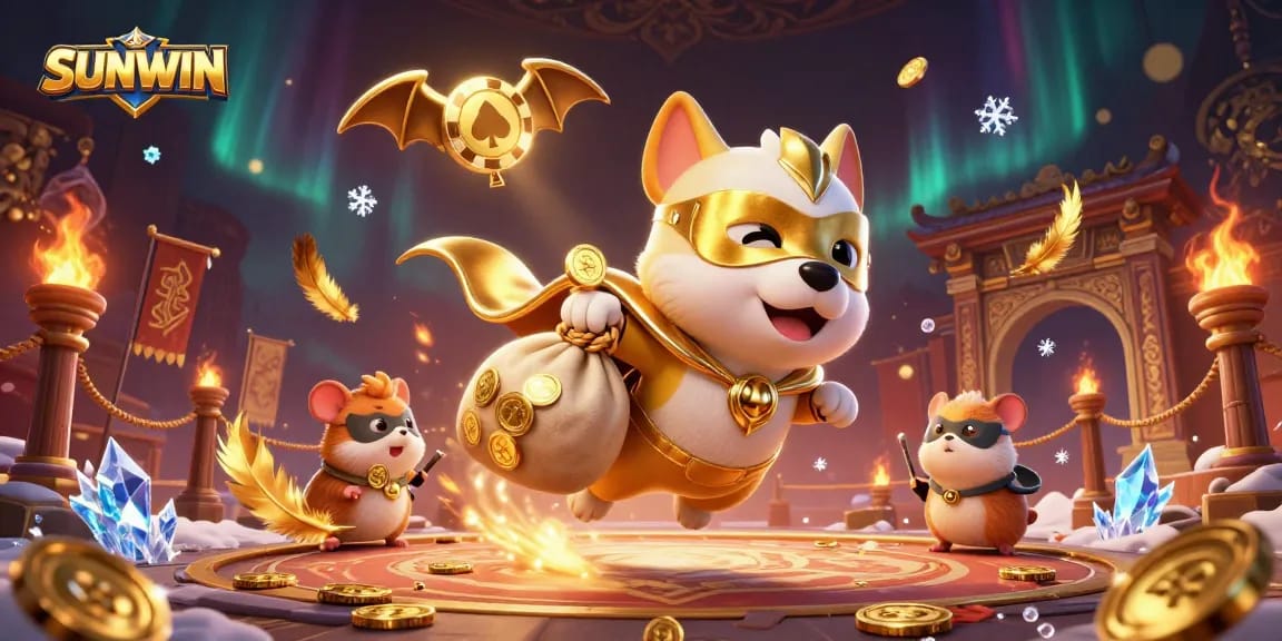SUNWIN's colorful 3D casino illustration showcases a superhero dog with gold coins amidst a vibrant gaming scene.