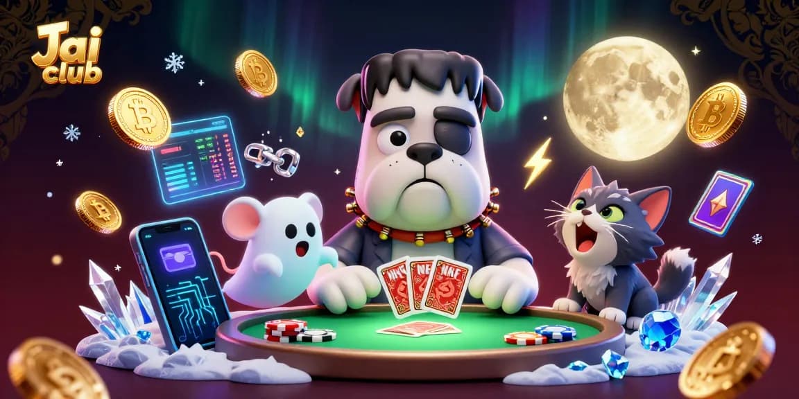 Engage in thrilling card games on Jai club with a whimsical 3D cartoon scene featuring unique characters.