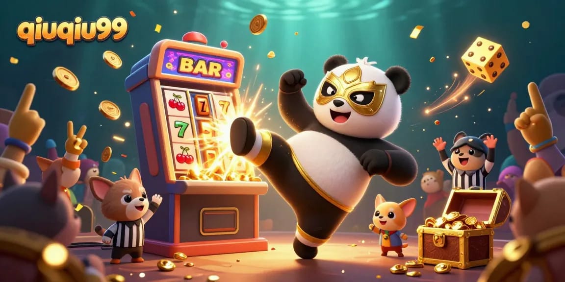 Experience excitement with qiuqiu99 as a panda wrestler kicks in a vibrant casino scene.