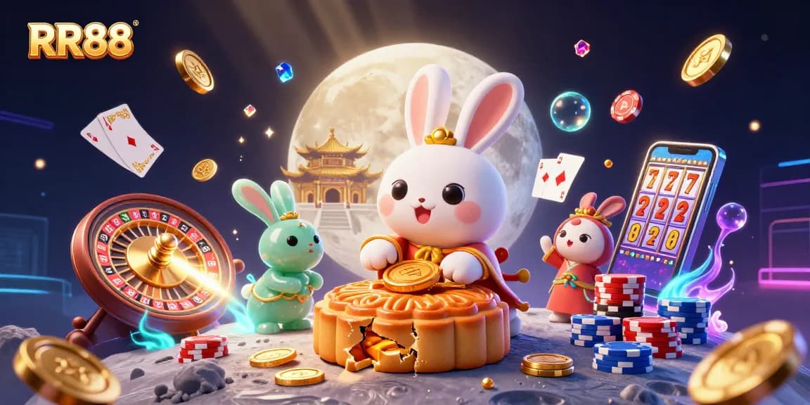 Engage in RR88's thrilling casino world with moon rabbits, cascading coins, and vibrant games.