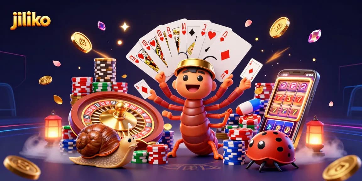 Join the excitement at Jiliko with vibrant casino characters amidst golden coins and card games.