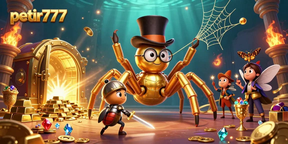 Experience thrilling adventures with petir777 as a golden tarantula weaves a web amid treasures.