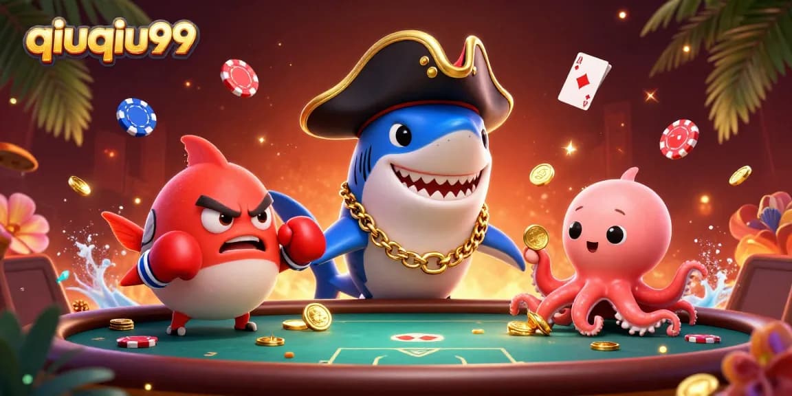 Play exciting poker games with qiuqiu99 featuring cartoon pirate shark and friends!