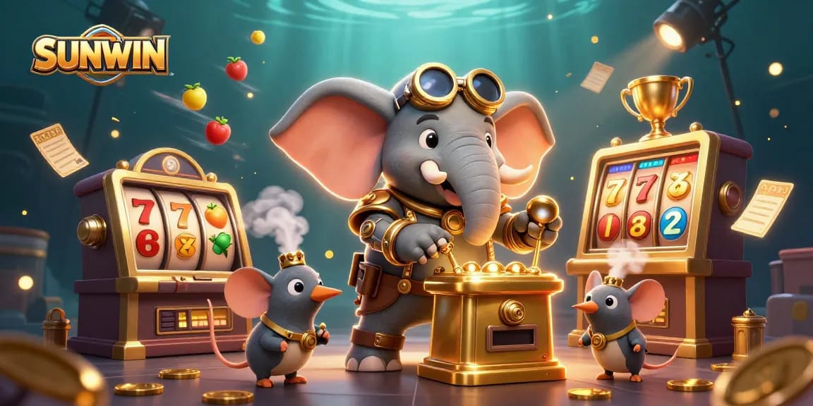 SUNWIN offers exciting casino gameplay with a steampunk elephant operating slot machines amidst vibrant digital elements.