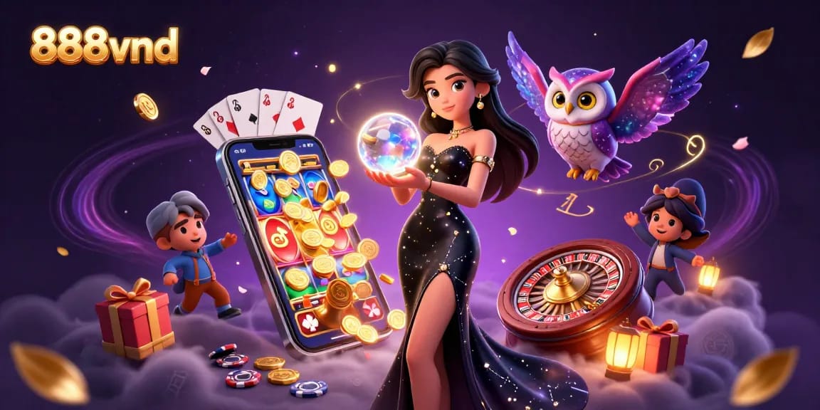 Experience thrilling gameplay at 888vnd with spinning slots, glowing cards, and jackpot adventures.