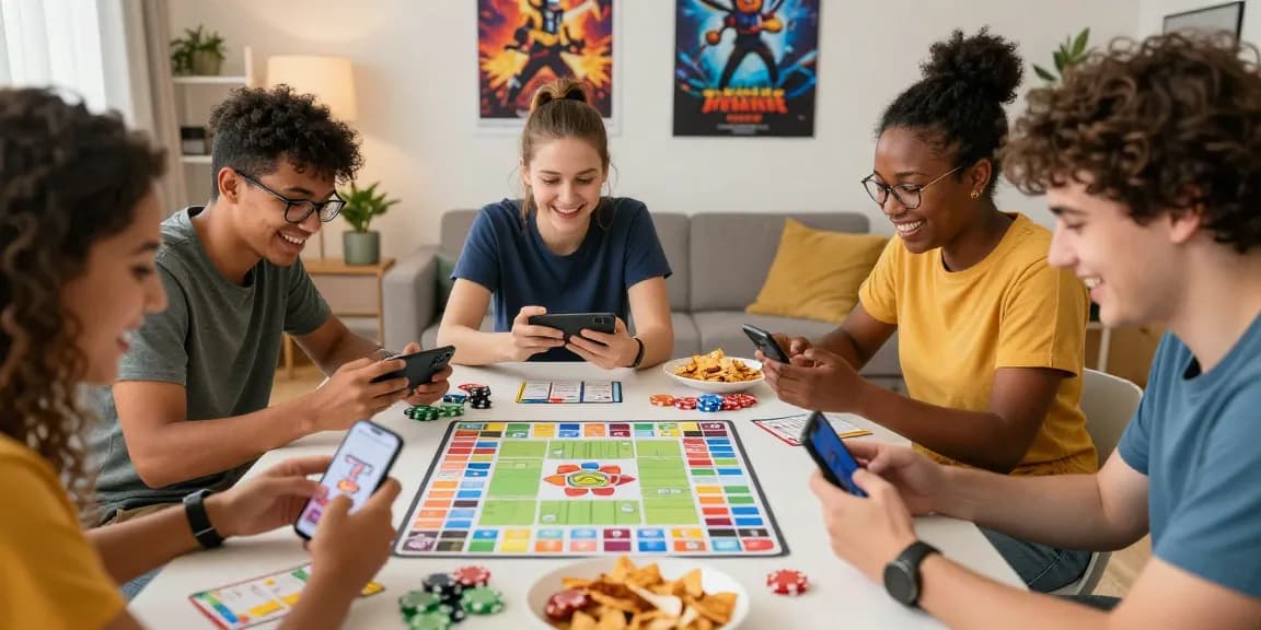 Play Rummy with friends in a lively gaming atmosphere filled with excitement and snacks.