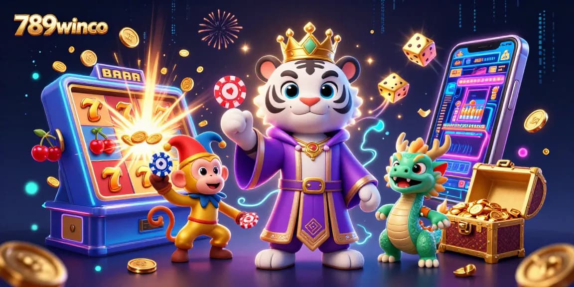 Engage with 789winco's exciting world of dynamic gaming, featuring slot machines and vibrant characters in a 3D illustration.