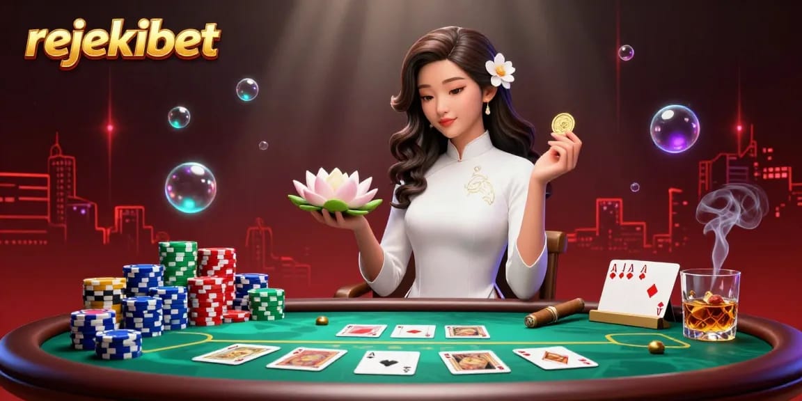 Experience rejekibet with a photorealistic Asian woman holding a lotus and coin amidst a vibrant casino scene.