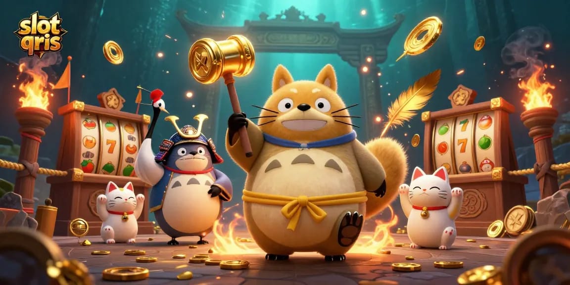 Spin to win on slot qris with cheerful characters and vibrant gaming elements in dynamic 3D scene