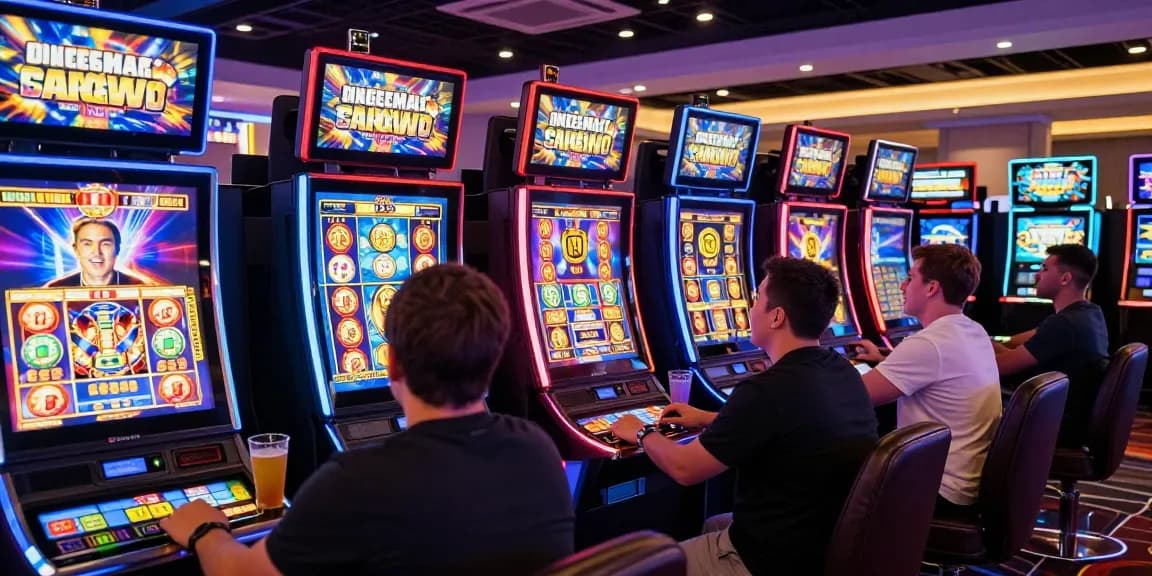 Slot gacor terlihat dalam suasana kasino yang meriah dengan pemain merayakan kemenangan di mesin slot.