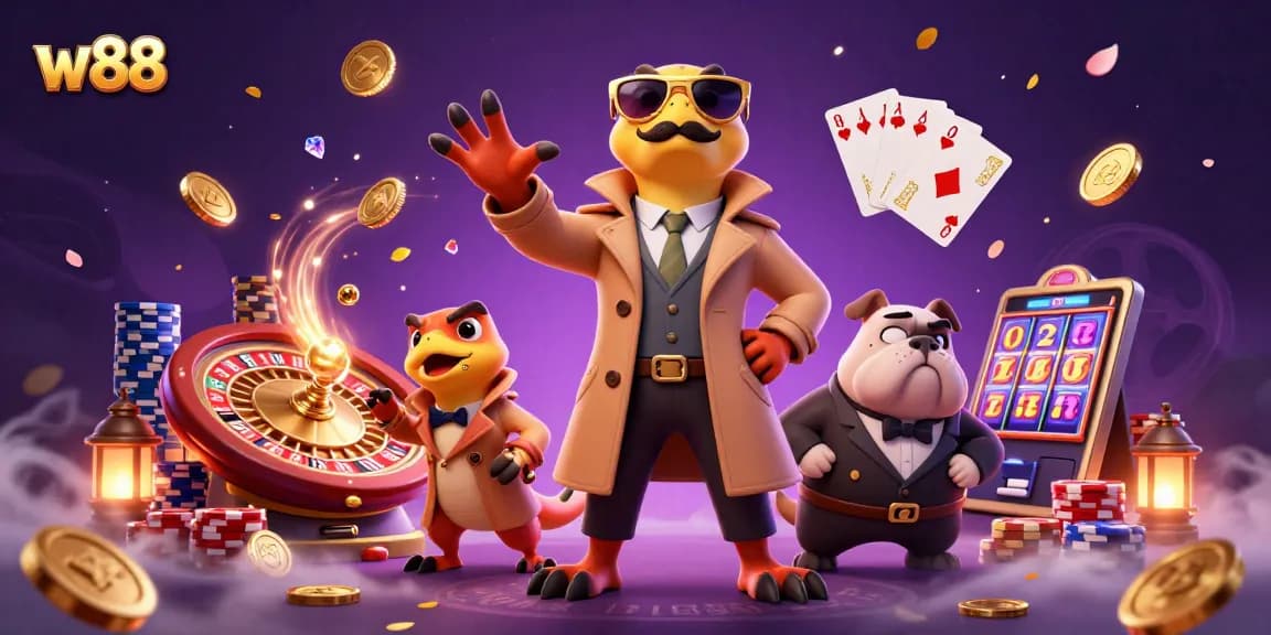 Experience excitement with w88 as raptors in a trench coat attempt VIP entry at a dazzling casino.