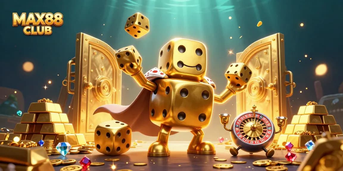 Join the excitement at MAX88 CLUB with a lively scene showcasing a golden dice golem, vibrant gems, and a roulette-ball companion.