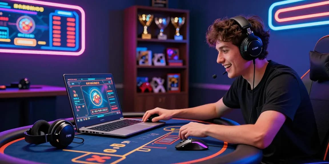 Exciting online poker gaming setup featuring sunwin promotions in a vibrant neon-lit casino.