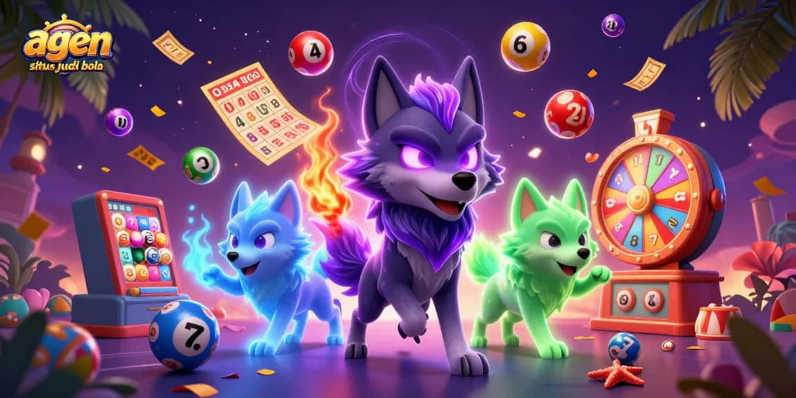Engage in sports betting adventures with "agen situs judi bola", featuring glowing wolf characters among dynamic lottery elements.
